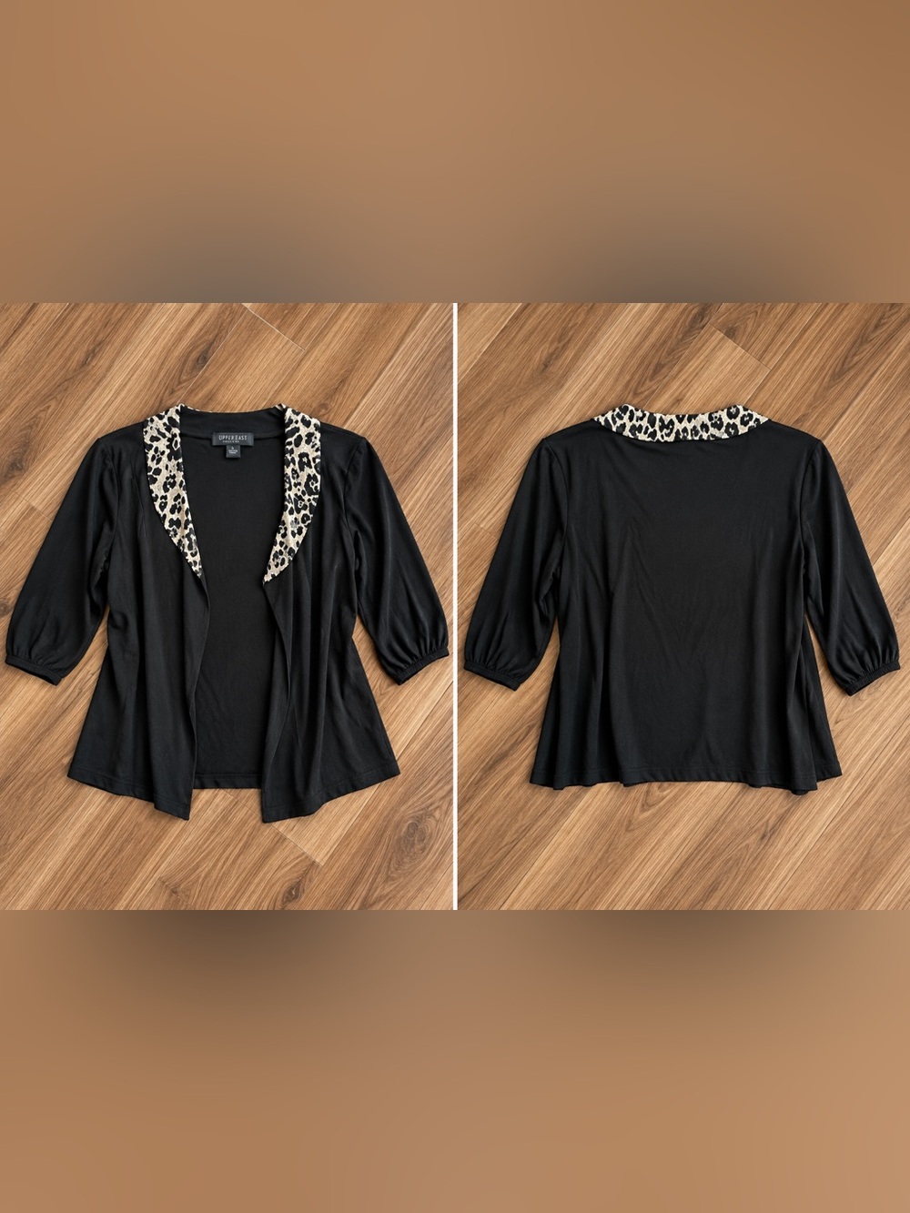 Perceptions Black Long Sleeve Open Front Top with Leopard Collar